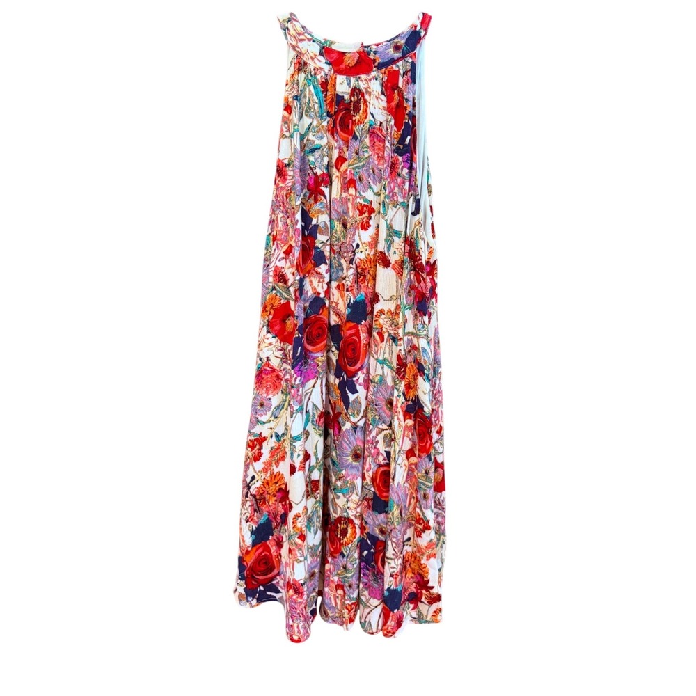 Entro Floral Trapeze Dress Women Large Red Blue Rayon Boho Sleeveless